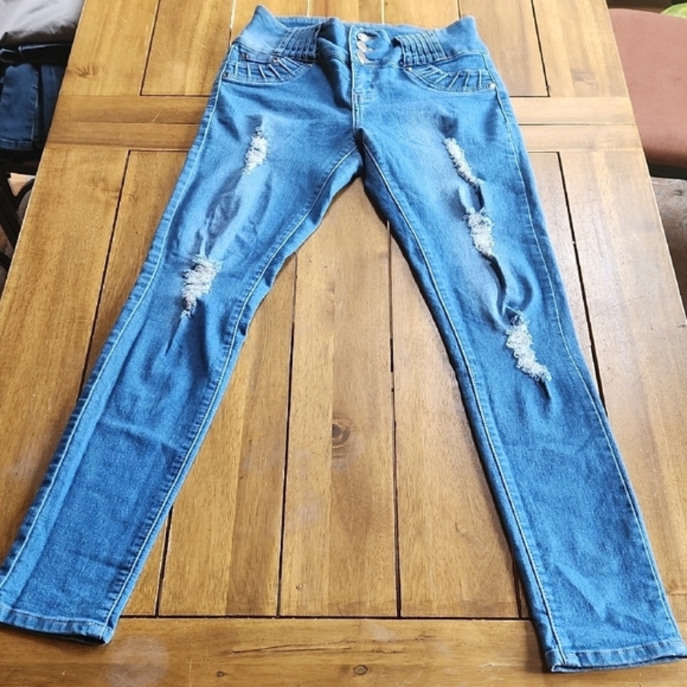 PARA Jeans Company Womens Size 7 High Rise Triple Button Distressed Skinny Jeans